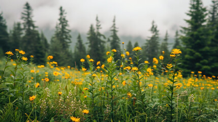 Obraz premium Lush green meadow filled with vibrant yellow wildflowers, surrounded by tall evergreen trees and misty atmosphere, creating serene landscape