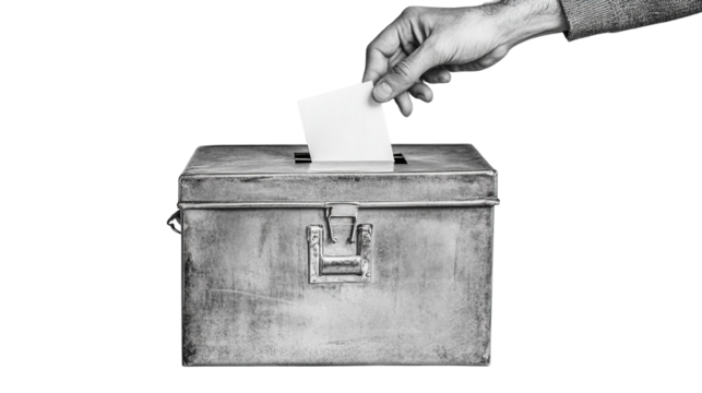 A Black and White Image Depicting the Concept of Voting with Ballot Box