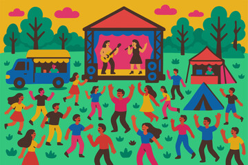 Open-air music festival featuring a live performance on an outdoor stage, with people dancing in nature. The event includes food trucks, flat vector illustration