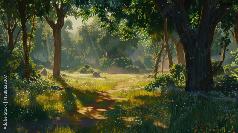 Poster serene forest scene with sunlight filtering through trees, casting shadows on grassy path, creating 
