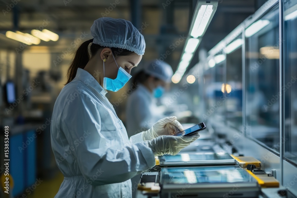 Aufkleber worker monitors manufacturing process while checking smartphone in a modern factory environment