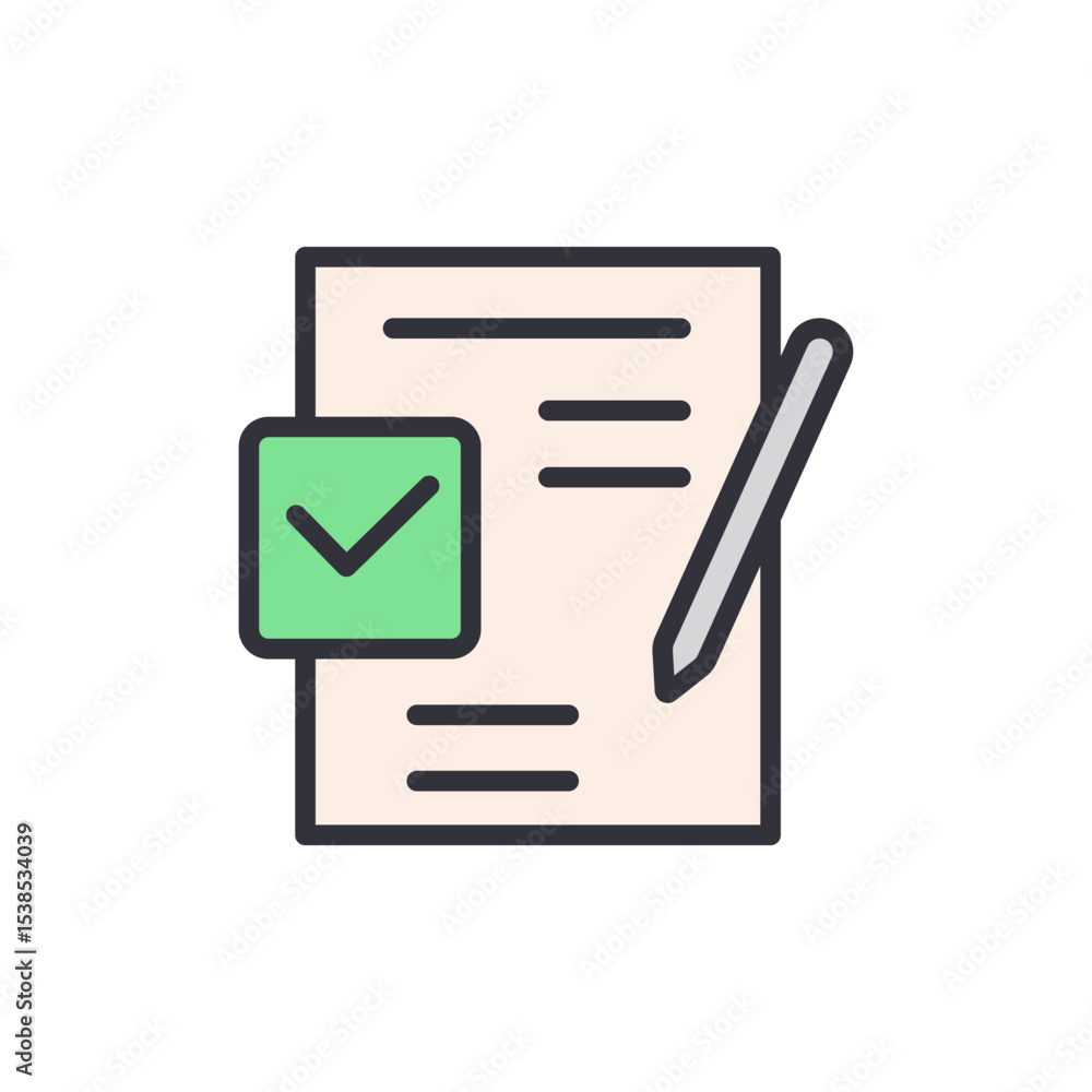 Aufkleber document with check mark and pen depicting approval or completion