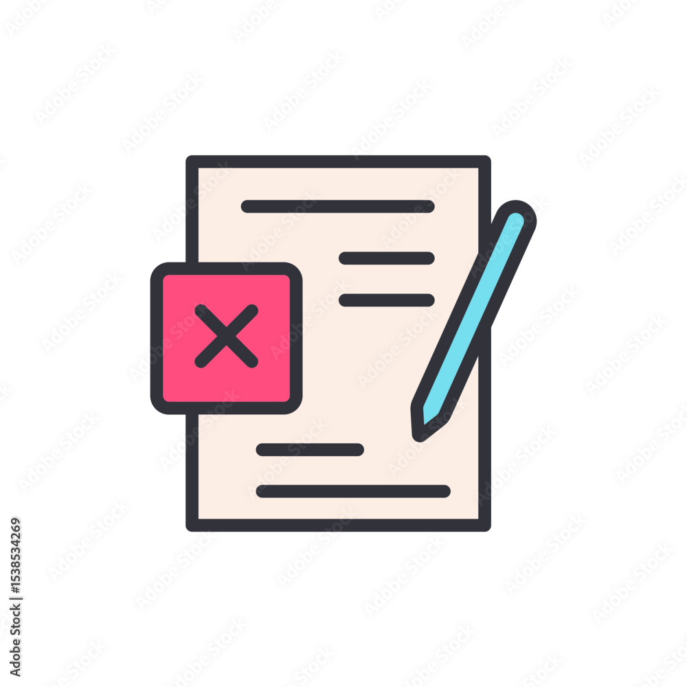Poster document with cross mark and pen symbolizing rejection or cancellation