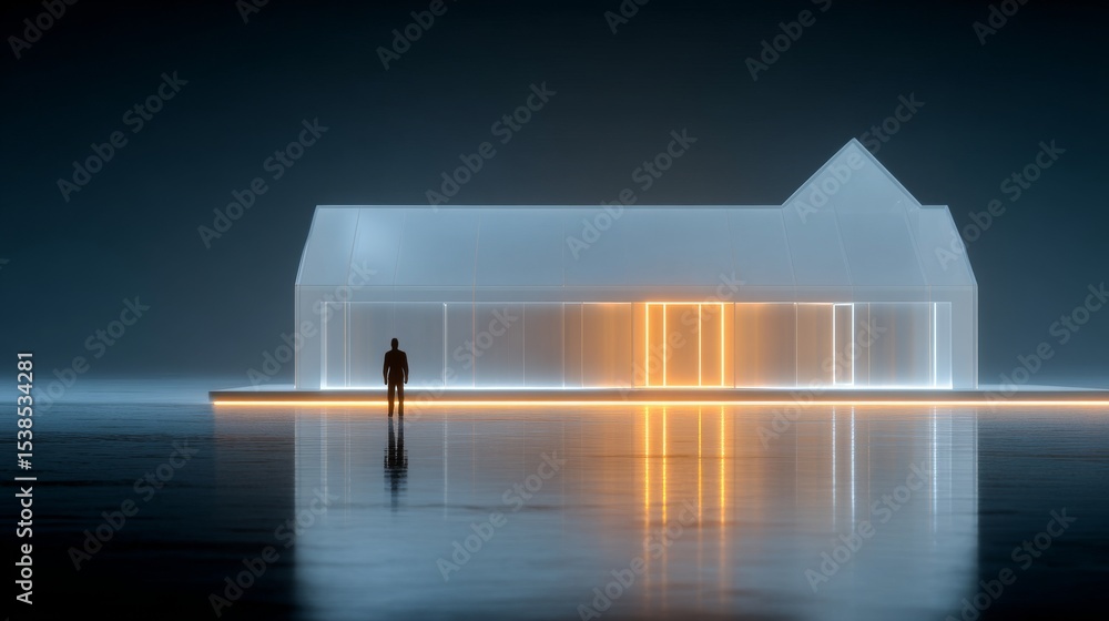 Poster a modern, illuminated structure reflecting serenity and innovation in a tranquil setting.