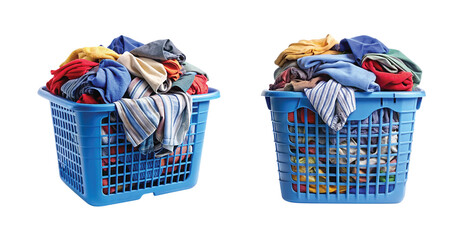 Fototapeta premium Blue Laundry Basket with Clothes: Blue plastic laundry basket filled with mixed clothes, high detail PNG