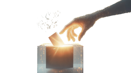 Conceptual digital art showcasing voting process with hand and ballot box shining