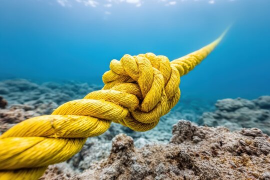 Thick yellow rope with a knot, submerged in clear blue water, above a rocky seabed.