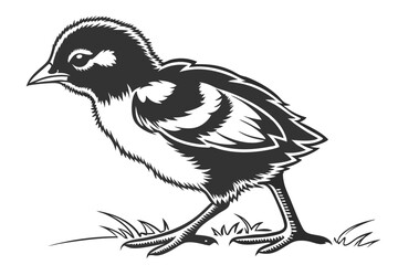 A monochrome chick illustration is standing on the grass rendered in a vintage style