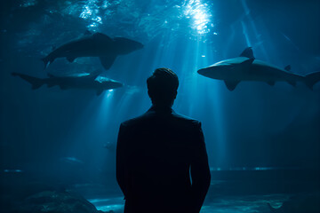 Businessman watching sharks swimming in large aquarium tank