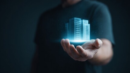 A person holding a holographic model of a futuristic building in hand.
