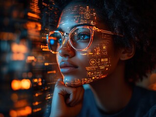 Woman Wearing Futuristic Smart Glasses with Digital Interface Overlay, Ideal for Tech and Innovation Projects