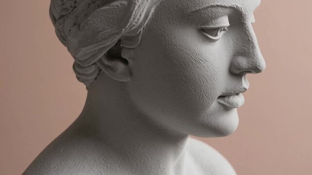 Close-up of a plaster bust of Sappho. Side view, place for text. Peach fuzz is color of year 2025.