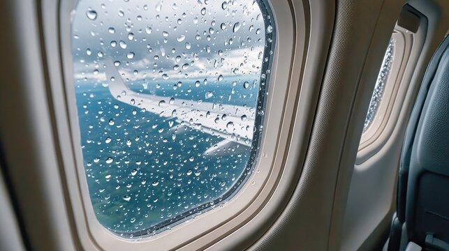 Raindrops on airplane window, wing visible, cloudy sky, green land below during flight.