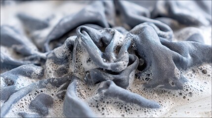 Gray fabric submerged in soapy water, bubbles cling to the wet, wrinkled cloth, creating a textured surface.