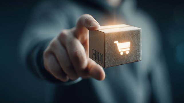 A person holds a glowing package symbolizing e-commerce and online shopping.