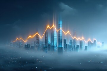 Fear of interest rate recession in the global economy concept. A futuristic city skyline shrouded in mist with a glowing orange financial graph overlaying the buildings.