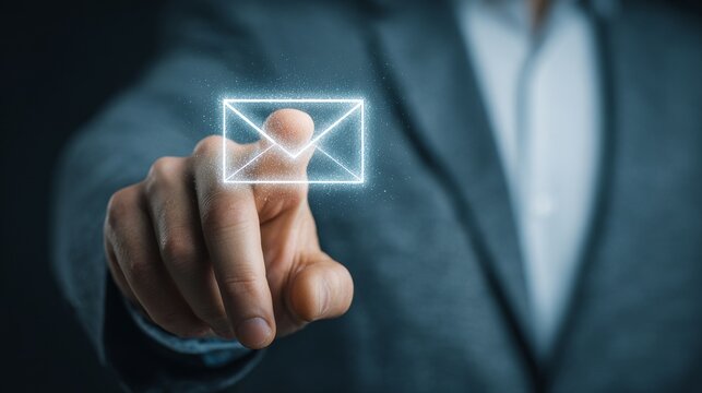 A person interacting with a digital email symbol, exploring modern communication.