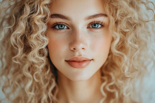Portrait of young woman with natural blonde curls and striking blue eyes, showcasing radiant beauty and soft expression against a neutral background in natural light