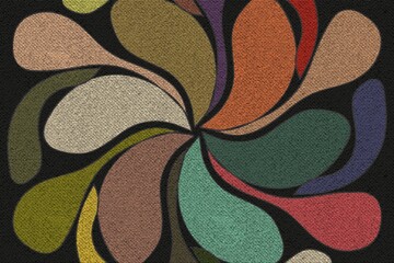 This retro abstract artwork features a dynamic swirl of teardrop-shaped forms radiating from a central point, creating a floral or pinwheel-like composition