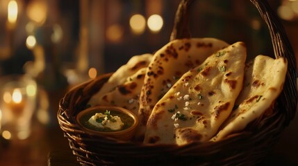 naan bread and chutney, indian flatbread culinary art, detailed naan bread texture, naan bread with green garnish, close-up shot of naan, candlelight ambiance, rustic food photography, food photograph