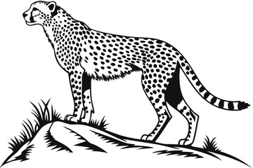 Spotted cheetah stands alert atop a rocky hill in a monochromatic artwork