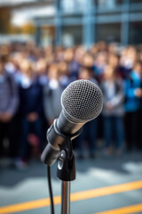 School principal giving a morning announcement through a microphone at assembly, students blurred in the background.