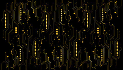 A golden background with golden circuit board lines, golden dots and yellow chips