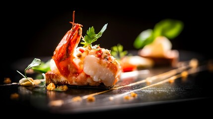 Gourmet shrimp dish elegantly presented on a dark plate with herbs, garnishes, and blurred background