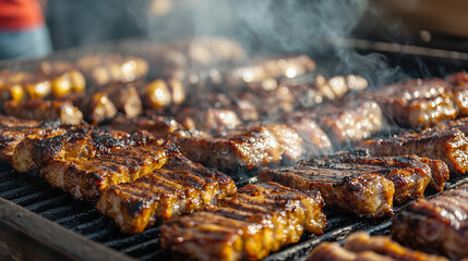 National Asado Festival Banner With Close-Up View of Golden Brown Grilled Meat on a Large Outdoor Grill, Highlighting Authentic Barbecue Flavor for Culinary Event and Food Festival Promotion
