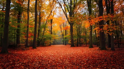 Fototapeta premium Vibrant autumn forest scene. Trees ablaze with fall colors. Leaf-covered ground evokes peaceful, seasonal beauty.
