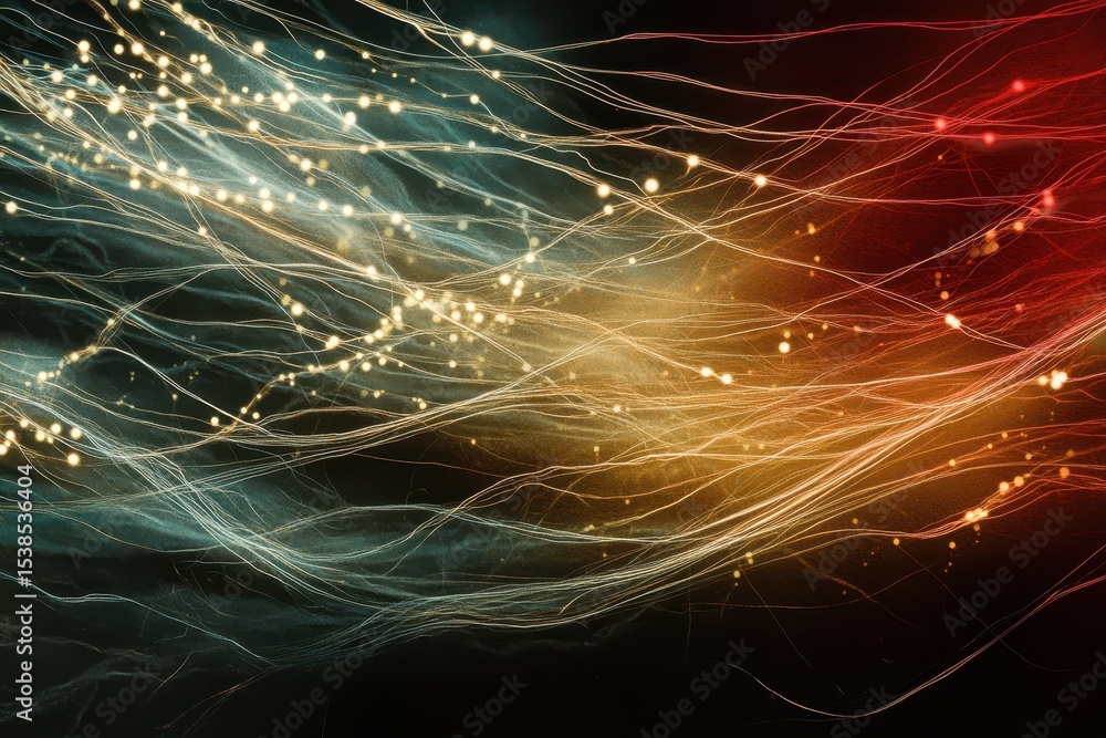 Poster luminous data flow with glowing wires transmitting energy in vibrant colors across a dark background