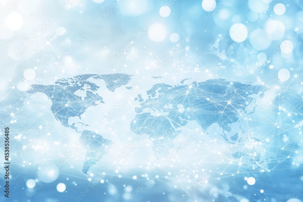 Poster digital representation of a world map with light blue background and interconnected nodes illustrati