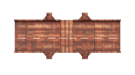 Elevated rusty road section viewed from above against a stark black background