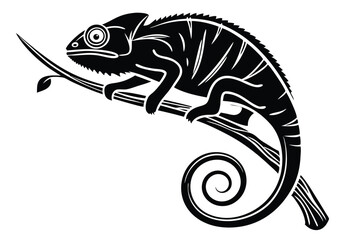 Stylized black silhouette shows a chameleon perched gracefully upon a slender branch