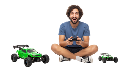 Man Playing with Remote Control Cars on White Background