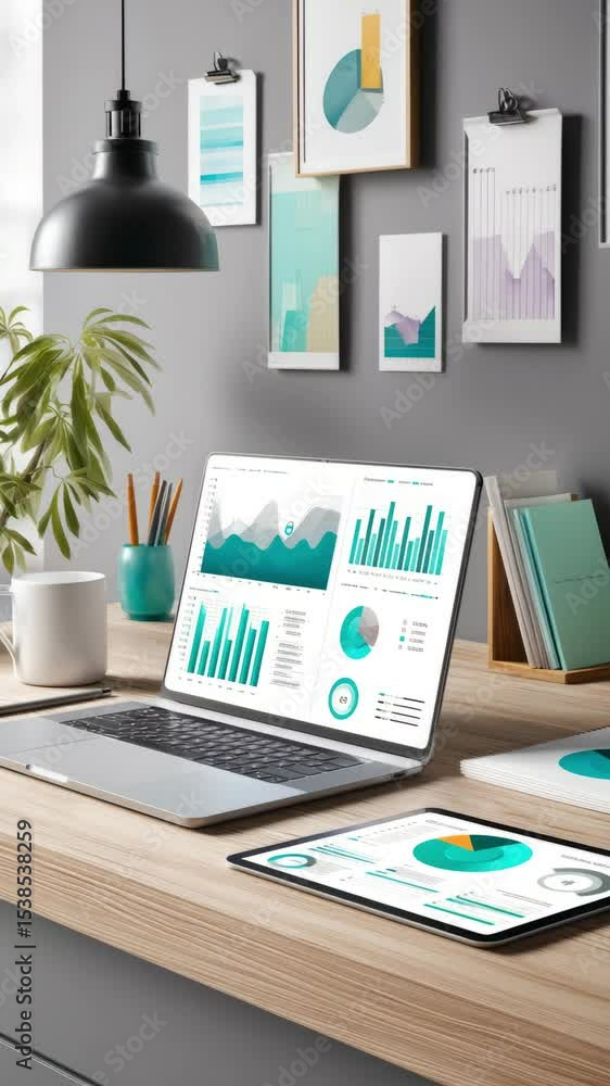 Poster modern workspace featuring a laptop and tablet with data analysis charts in a stylish office