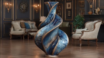 Abstract Blue and Gold Swirl Vase in Elegant Interior