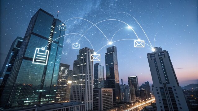 Connected Communication Email Network in a Futuristic Cityscape