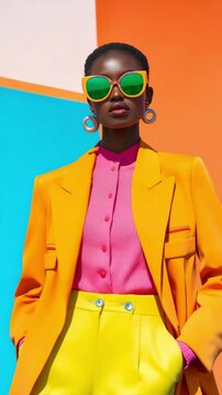 Vibrant fashion shoot with bold colors and stylish outfits in urban setting during sunny day