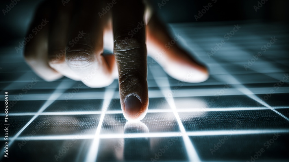 Aufkleber close-up of a finger touching a digital touchscreen interface with glowing grid lines.