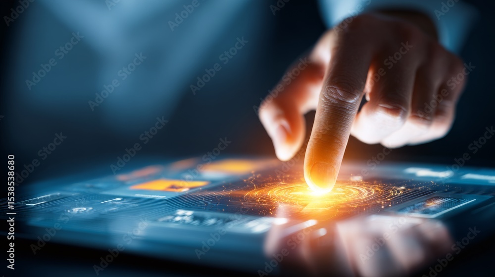 Poster close-up of a hand interacting with a digital interface on a tablet screen.