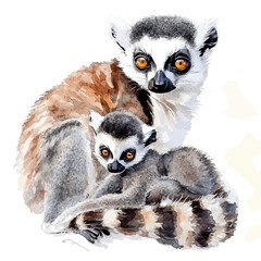 A Mother Lemur With Her Kid, watercolor vector, isolated on a white background.