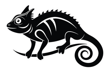 Black Chameleon with Spikes is Standing on a Twig with a Curled Tail