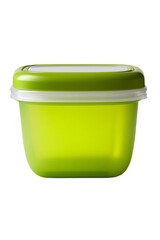 Close-up view of a reusable green food container on a white background without blur, highlighting its features and design