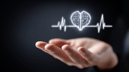 Conceptual image of heart and brain with heartbeat signal in hand.