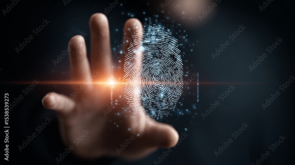 Poster digital fingerprint recognition symbolizing security and innovation in technology.