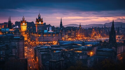 Fototapeta premium Stunning Twilight View of Edinburgh Cityscape with Illuminated Buildings and Historic Architecture at Dusk