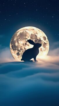 A silhouette of a rabbit sits on clouds against a bright full moon. The scene evokes the Mid-Autumn Festival and symbolizes lunar traditions. Chinese holidays