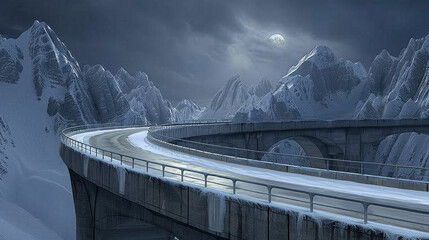 Winding mountain pass road with guardrails, surrounded by snowcapped peaks dramatic night sky. scene evokes sense of adventure and tranquility
