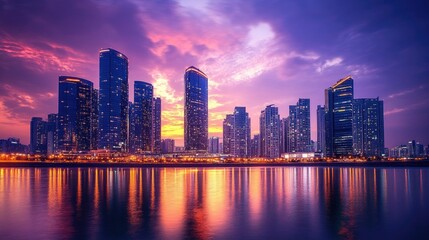 Fototapeta premium Sunset City Skyline Over Calm Water with Illuminated Skyscrapers and Vibrant Colors in the Evening Sky